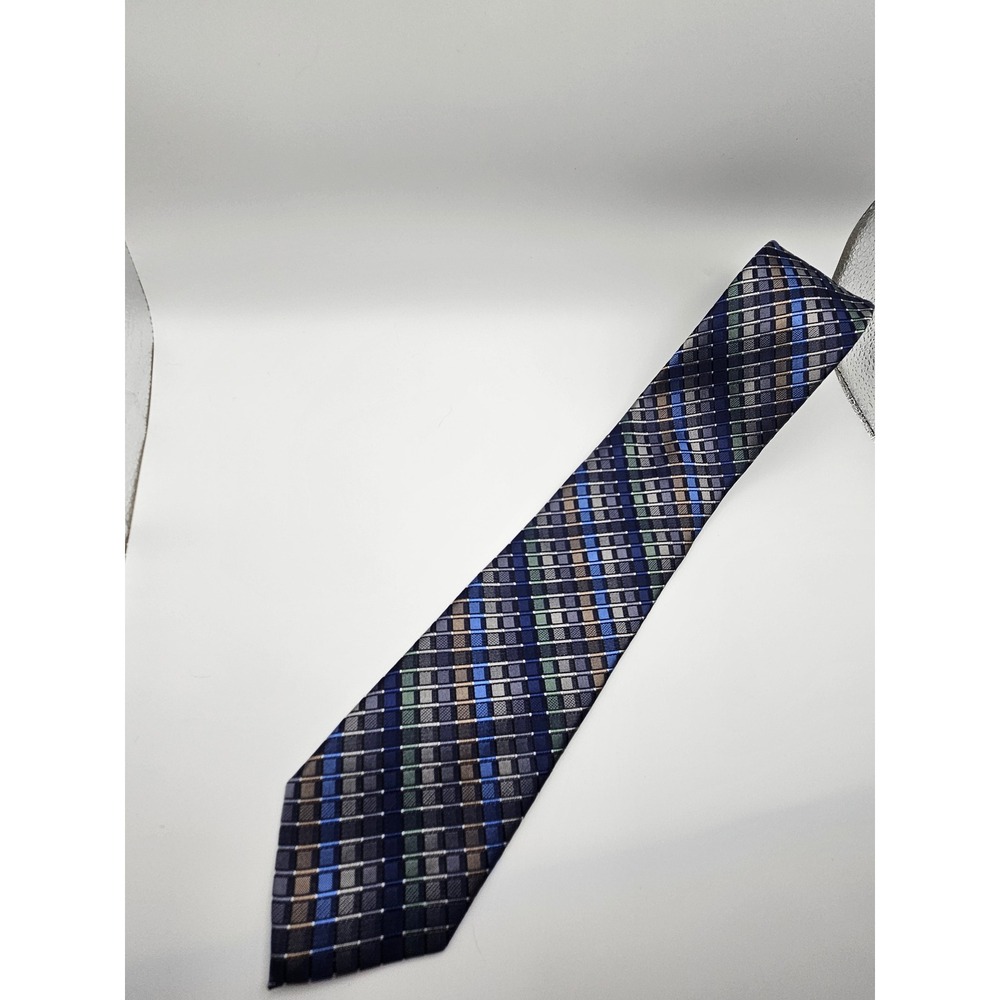 Calvin Klein Mens Blue Green Grey Geometric Grid 100% Silk Necktie 8F08 80011